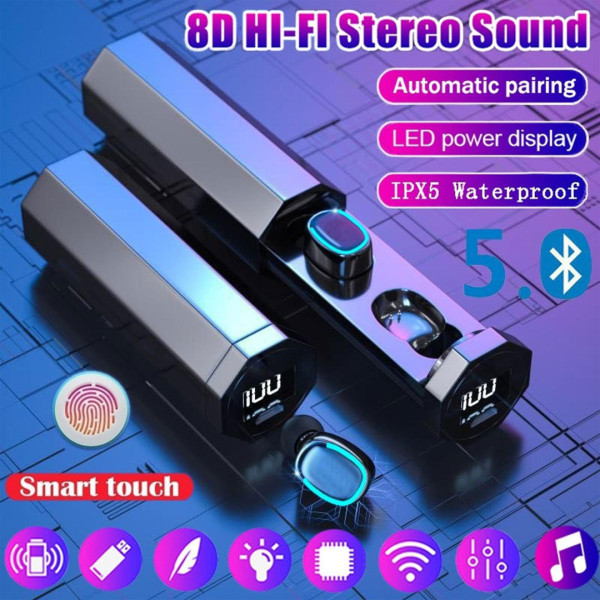 badgeNew 8D HiFi Bluetooth 5.0 CVC8.0 Noise Reduction Stereo Wireless TWS Bluetooth Headset LED Display Headset Waterproof Dual Headphones with Charging Case Chagring Case