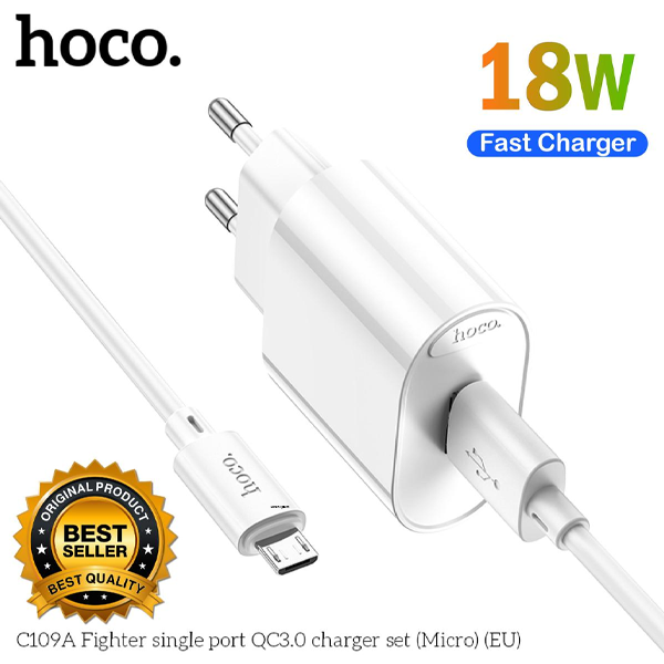Hoco C109A 18W QC3.0 Fast Charging Wall Charger with Micro USB Cable EU Plug