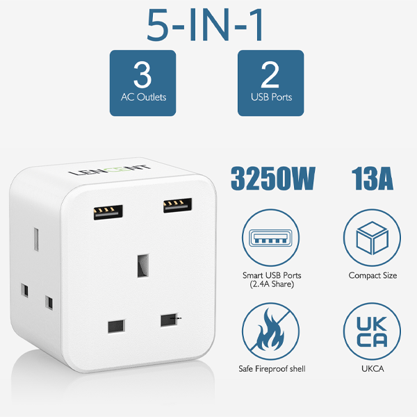 LENCENT 3-Side Charger 5 in 1 Design with 3 AC Outlets and 2 USB Ports Plug Extension 3 Way Multi Charger Wall Socket 3 Pin Singapore Plug Adaptor for Home Office, 13A 3250W